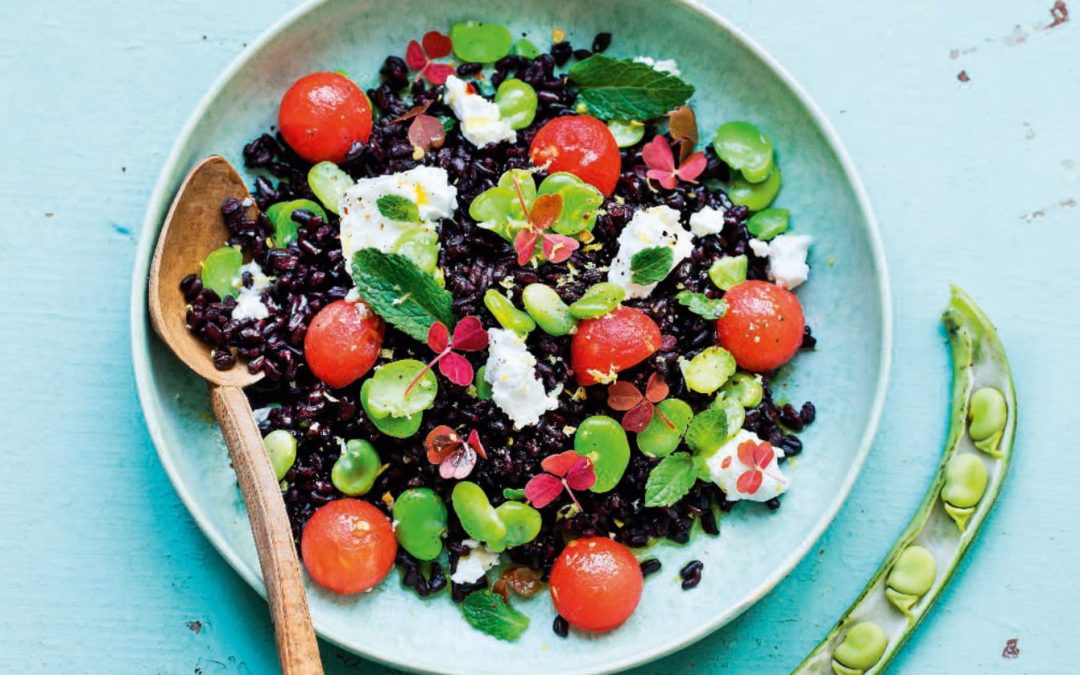 Salade de riz noir, fèves, pastèque