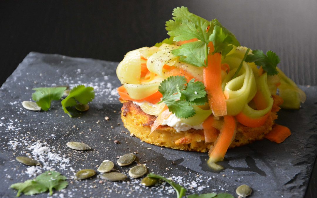 Blinis de patate douce, cervelle de canut végétale et pappardelles de légumes